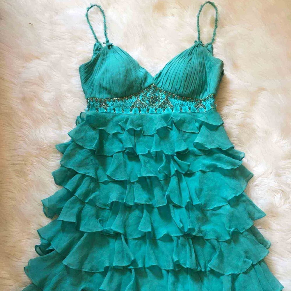 Sue Wong Turquoise Embellished Ruffled Dress